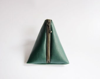 Triangle Pouch in Green - Faux Leather Zipper Coin Purse - Simple and Classic Zipper Pouch in Faux Sheepskin