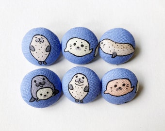 Super Cute Seals, 6 Small Fabric Buttons Set  for Crochet, Knitting, Sewing