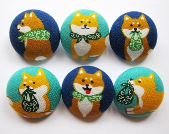 Sewing Buttons / Fabric Buttons - Shiba Inu - 6 Large Fabric Buttons  for Crochet and Knitting