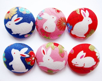 Sewing Buttons / Fabric Buttons  - 6 Large Fabric Buttons Set - Oriental Rabbits for Crochet and Knitting