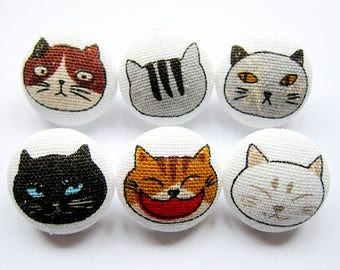 Cat Buttons Sewing Buttons / Fabric Buttons - Cat Portraits - 6 Medium Fabric Buttons Set for Crochet and Knitting