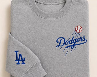 LA Baseball Embroidered Sweatshirt. Add your favorite player number - sleeve Los Angeles crewneck, SPORTS GREY