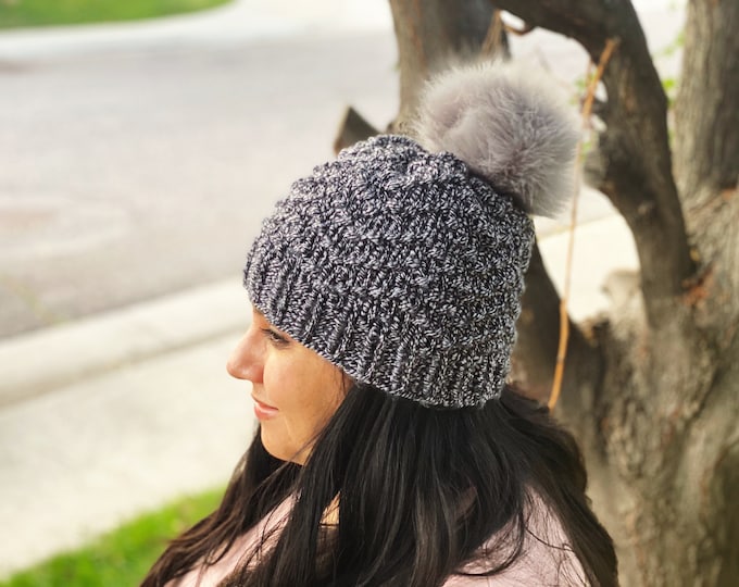 Knitted Hat with Faux Fur Pom Pom. Black and Marble Knit Hat. Black Hat. Black and White Hat. Fur Pom Hat. Knitted Hat with Faux Fur Pom Pom