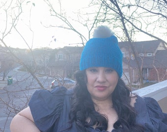 Knitted Turquoise Hat with Faux Fur Pom Pom