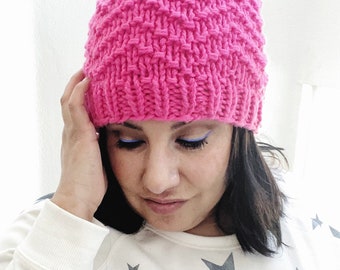 Knitted Hat with Faux Fur Pom Pom. Hot Pink Knit Hat. Pink Hat. Pink hat with Fur Pom Hat. Knitted Hat with Faux Fur Pom Pom