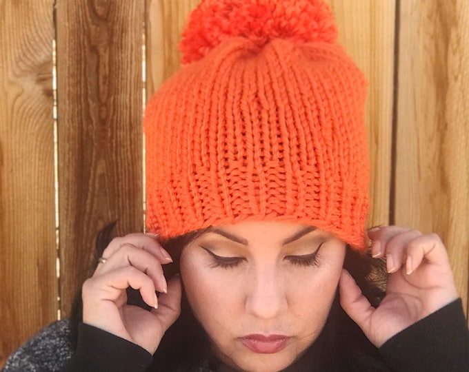 Orange Hat, Orange Knitted Hat, ROYGBIV Hat, Winter Hat, Stretches to Big Head Beanie, Bright Orange Hat, Free Shipping, Ready to Ship