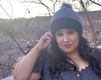 Blue Knit Hat with Faux Fur Pom Pom