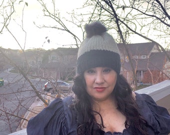 Knitted Hat with Faux Fur Pom Pom: Cream and Black Beanie
