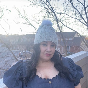 Knitted Hat with Faux Fur Pom Pom. Cream Tweed Knit Hat. Tweed Hat. Cream Tweed hat with Fur Pom Hat. Knitted Hat with Faux Fur Pom Pom