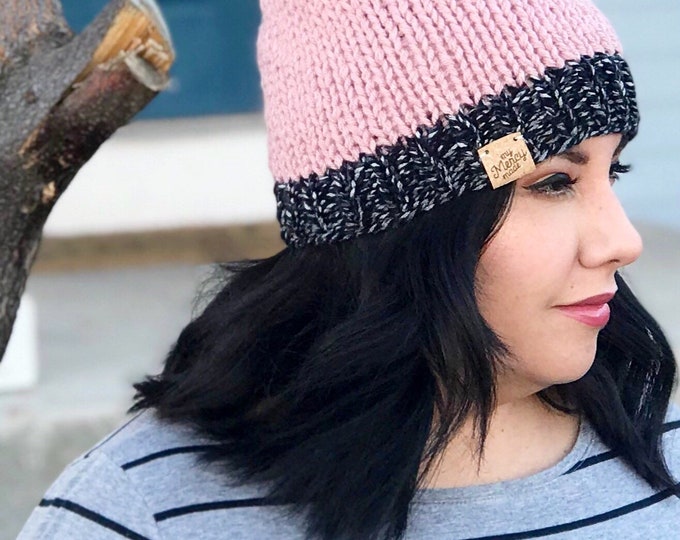 Women's Knit Hat, Women's Winter Hat  Pom Pom Hat, Pom Knit Hat, Pink Hat, Pink and Black Hat, , Free Shipping