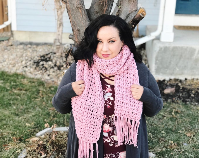 Victoria Scarf, Long Scarf, Crochet Scarf, Pink Scarf, Fringe Scarf