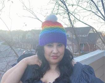 Knitted Hat with Faux Fur Pom Pom. Rainbow Knit Hat. Rainbow Hat. Rainbow hat with Fur Pom Hat. Knitted Hat with Faux Fur Pom Pom