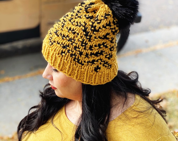 Knitted Hat with Faux Fur Pom Pom. Mustard Knit Hat. Mustard Hat. Black and Yellow Hat. Fur Pom Hat. Knitted Hat with Faux Fur Pom Pom