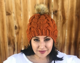 Cable Knit Pom Pom Beanie, Wool Acrylic Blend