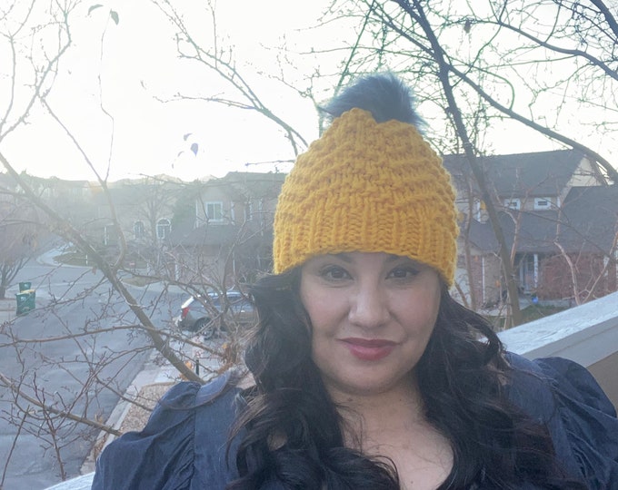 Knitted Hat with Faux Fur Pom Pom. Bright Yellow Knit Hat. Yellow Hat. Yellow hat with Fur Pom Hat. Knitted Hat with Faux Fur Pom Pom