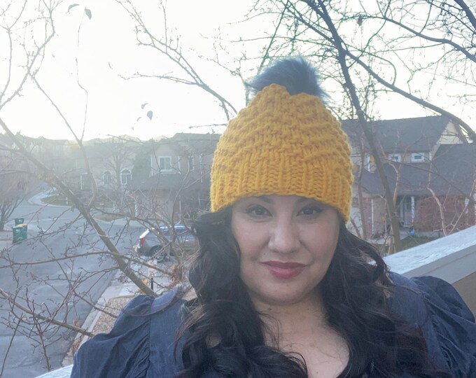 Knitted Hat with Faux Fur Pom Pom. Bright Yellow Knit Hat. Yellow Hat. Yellow hat with Fur Pom Hat. Knitted Hat with Faux Fur Pom Pom