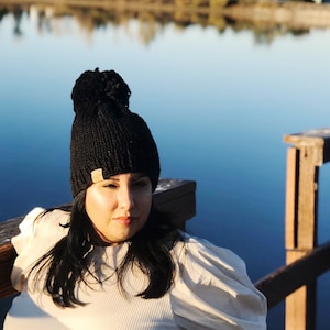 Women&#39;s Knit Hat, Women&#39;s Winter Hat  Pom Pom Hat, Pom Knit Hat, Black Hat, Black Beanie, Free Shipping