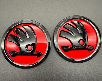 Original SKODA Gloss Black Logo Badge Set - 2x 90mm VRS Fabia