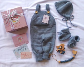 Hand Knitted Baby Romper Set | Bonnet, Booties, Baby Teether | Grey Mix Dusty Blue