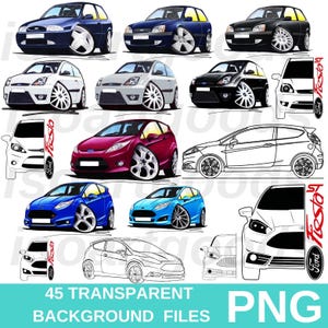 Ford Fiesta Clipart/ 45 PNG files with transparent backgrounds, perfect for sublimation printing, design projects,icons, and creative art.