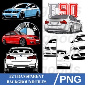 May include: A collection of car illustrations in various colors, including blue, red, and white. The image features multiple views of the cars, including front, side, and rear profiles. The text "E90" and "52 TRANSPARENT BACKGROUND FILES / PNG" are also present.