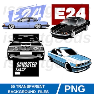 May include: Collection of car illustrations in various colors, including light blue and black. The designs feature different car models, with the text "E24" and "Gangster E34" visible. The image also includes the text "55 Transparent Background Files" and "PNG".