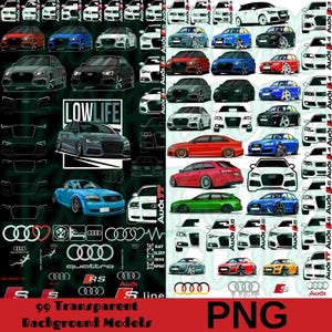Puede incluir: Un collage digital de 99 imágenes transparentes de varios modelos de coches Audi, incluyendo los Audi TT, A4, A6 y S-Line. Las imágenes están dispuestas en una cuadrícula y presentan una variedad de colores y ángulos. El texto "99 Transparent Background Models" y "PNG" es visible en la parte inferior de la imagen.