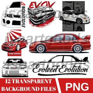 May include: A collection of digital illustrations featuring the Mitsubishi Lancer Evolution in various angles and colours, including red, white, and black. The graphics include text such as Evolution, Tommi Makinen Edition, and Evolved Evolution.