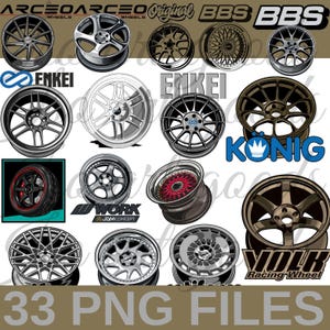 May include: A collage of 12 different wheel designs for cars. The wheels are in various colors and styles, including black, silver, gold, and red. The brands of the wheels are displayed on the image, including BBS, Enkei, Work, Konig, and Volk.