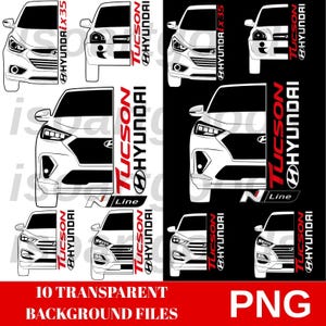 Könnte beinhalten: Eine Sammlung von Hyundai Tucson Autoillustrationen in Schwarz und Weiß, mit dem Hyundai-Logo und dem Text "Tucson". Das Bild enthält den Text "10 Transparent Background Files" und "PNG".