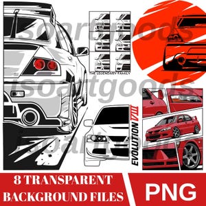 Könnte beinhalten: Ein digitales Illustrationsset mit dem Mitsubishi Lancer Evolution VIII in verschiedenen Winkeln und Stilen. Die Sammlung umfasst schwarz-weiße Strichzeichnungen, rote Autografiken und eine Collage von Fahrzeugdetails mit dem Text Evolution VIII.