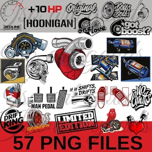 May include: A collection of 57 digital images featuring car-themed designs. The images include a red heart with a turbocharger, a redline logo, a drift king logo, a man pedal logo, a limited edition logo, and a no limits logo. The images are perfect for car enthusiasts and can be used for a variety of purposes, such as stickers, decals, and t-shirts.