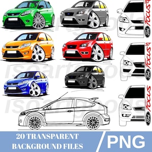 Könnte beinhalten: Eine Sammlung von Cartoon-Illustrationen von Ford Focus-Autos in verschiedenen Farben, darunter Grün, Grau, Orange, Rot, Blau und Schwarz. Das Bild enthält auch eine Schwarz-Weiß-Strichzeichnung eines Autos und den Text "20 TRANSPARENT BACKGROUND FILES PNG".