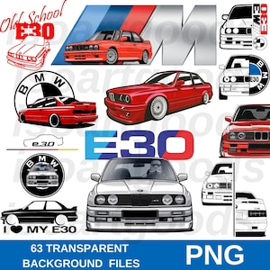 Pode incluir: Uma coleção de ilustrações digitais que representam um carro BMW E30 vermelho e branco em várias poses. As ilustrações incluem o carro de perfil, de frente e de trás, bem como close-ups dos detalhes do carro. As ilustrações são de estilo cartoon e são perfeitas para usar em projetos digitais.