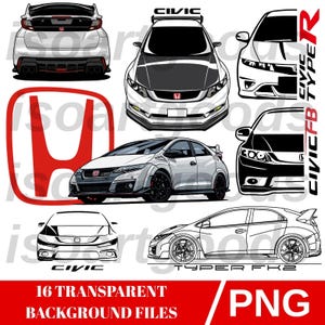 Puede incluir: Colección de ilustraciones de coches Honda Civic en varias vistas, incluyendo perfiles frontal, trasero y lateral. Las imágenes son en blanco, negro y gris, con el texto "CIVIC" y "TYPE R" visibles. La imagen también incluye el texto "16 TRANSPARENT BACKGROUND FILES" y "PNG".
