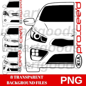 Peut inclure: Dessin au trait noir et blanc d'une voiture Kia ProCeed, avec trois vues de face différentes. L'image comprend le logo Kia et le texte "8 Transparent Background Files PNG".