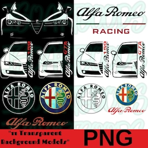 Puede incluir: Una descarga digital de 11 imágenes de fondo transparente de coches Alfa Romeo. Las imágenes incluyen un Alfa Romeo 159 en blanco y negro y un Alfa Romeo GTA en blanco y negro. Las imágenes también incluyen el logotipo de Alfa Romeo en blanco y negro, y en color con una cruz roja y una serpiente verde.