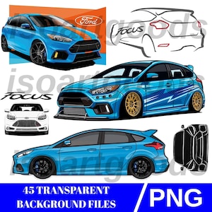 Op de afbeelding: Illustraties van blauwe Ford Focus auto's in verschillende stijlen. De afbeeldingen bevatten aanzichten van voren, opzij en van bovenaf. De tekst "45 TRANSPARENT BACKGROUND FILES" en "PNG" staat onderaan de afbeelding.
