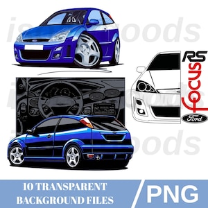 Może przedstawiać: Cyfrowe ilustracje niebieskiego samochodu Ford Focus RS w różnych widokach. Zawiera widok z przodu, widok z boku i szczegółowy widok wnętrza. Obraz zawiera również logo Forda i tekst "Focus RS".