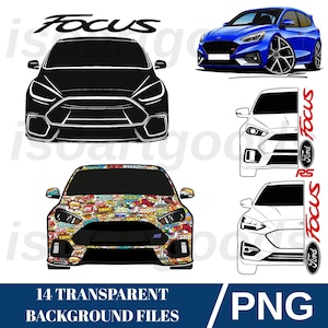Op de afbeelding: Collectie Ford Focus auto-illustraties in verschillende stijlen. Bevat een zwart silhouet, een levendige auto bedekt met kleurrijke stickers en een blauwe auto. Tekst bevat "Focus", "Ford RS" en "14 Transparent Background Files PNG".