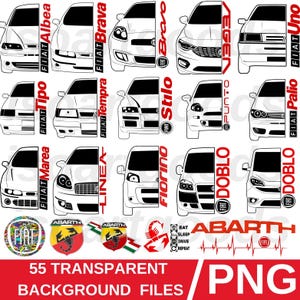 Fiat Clipart/ 55 PNG models with transparent backgrounds, perfect for sublimation printing, design projects, logos, icons, and creative art.