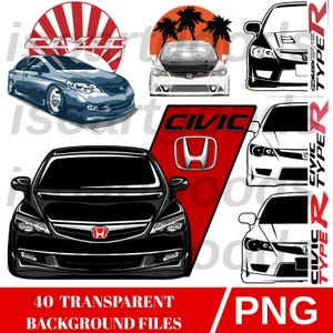 May include: A selection of car illustrations, featuring a blue sedan, a white car with a black bonnet, and several black and white drawings of car fronts. The word "CIVIC" is displayed in red, along with the Honda logo. Text includes "40 TRANSPARENT BACKGROUND FILES" and "PNG".