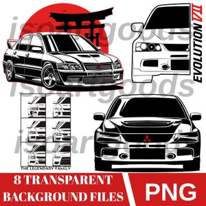 Peut inclure: Une collection graphique numérique présentant des illustrations en noir et blanc de la Mitsubishi Lancer Evolution VII. L'ensemble comprend divers angles de la voiture, un fond de soleil rouge avec un torii et le texte Evolution VII.