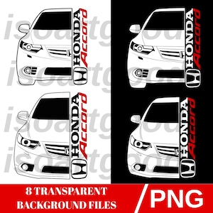 Puede incluir: Un conjunto de cuatro ilustraciones de coches Honda Accord en blanco y negro, con el logotipo de Honda y el texto "Accord" en rojo. La imagen incluye el texto "8 TRANSPARENT BACKGROUND FILES" y "PNG".