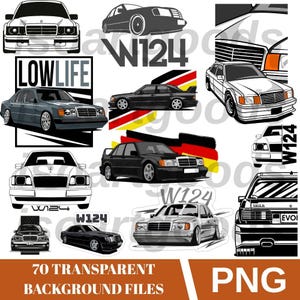 Può includere: Una collezione di illustrazioni digitali che mostrano vari angoli e prospettive della berlina Mercedes-Benz W124. Le grafiche includono viste frontali, laterali e posteriori del veicolo in toni di nero, bianco e grigio, con alcuni design che incorporano i colori della bandiera tedesca e il testo W124 e LOWLIFE.