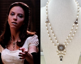 Drusilla Antique Brass White Pearl Chain Drape Filigree Teardrop Necklace Flower Buffy Gothic Vampire