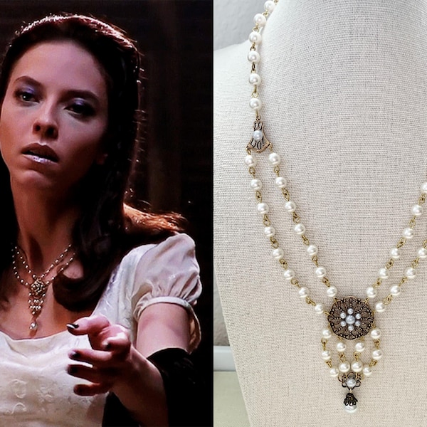 Drusilla Antique Brass White Pearl Chain Drape Filigree Necklace Flower Buffy Vampire