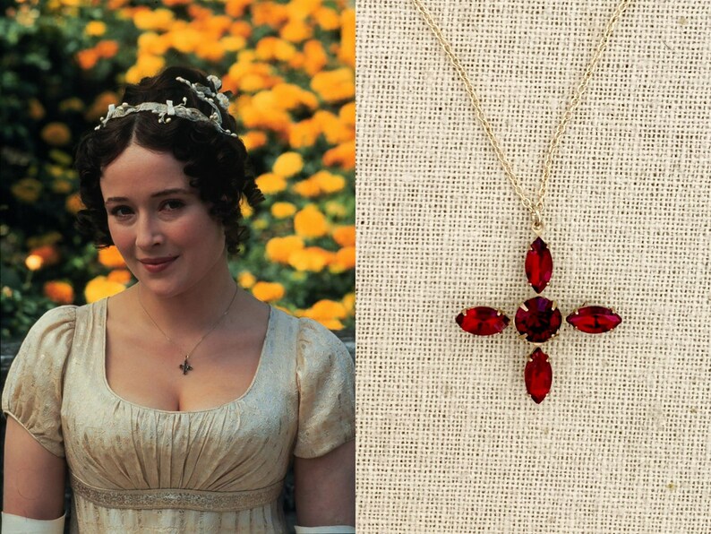 Elizabeth Bennet Pride And Prejudice Garnet Crystal Gold Brass Cross Pendant Chain Necklace 