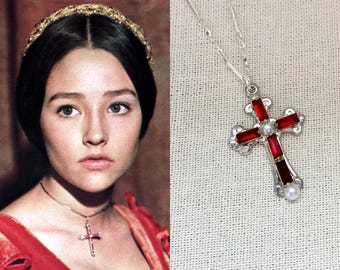 Romeo and Juliet Ruby White Pearl Silver Cross Silver Bar Chain