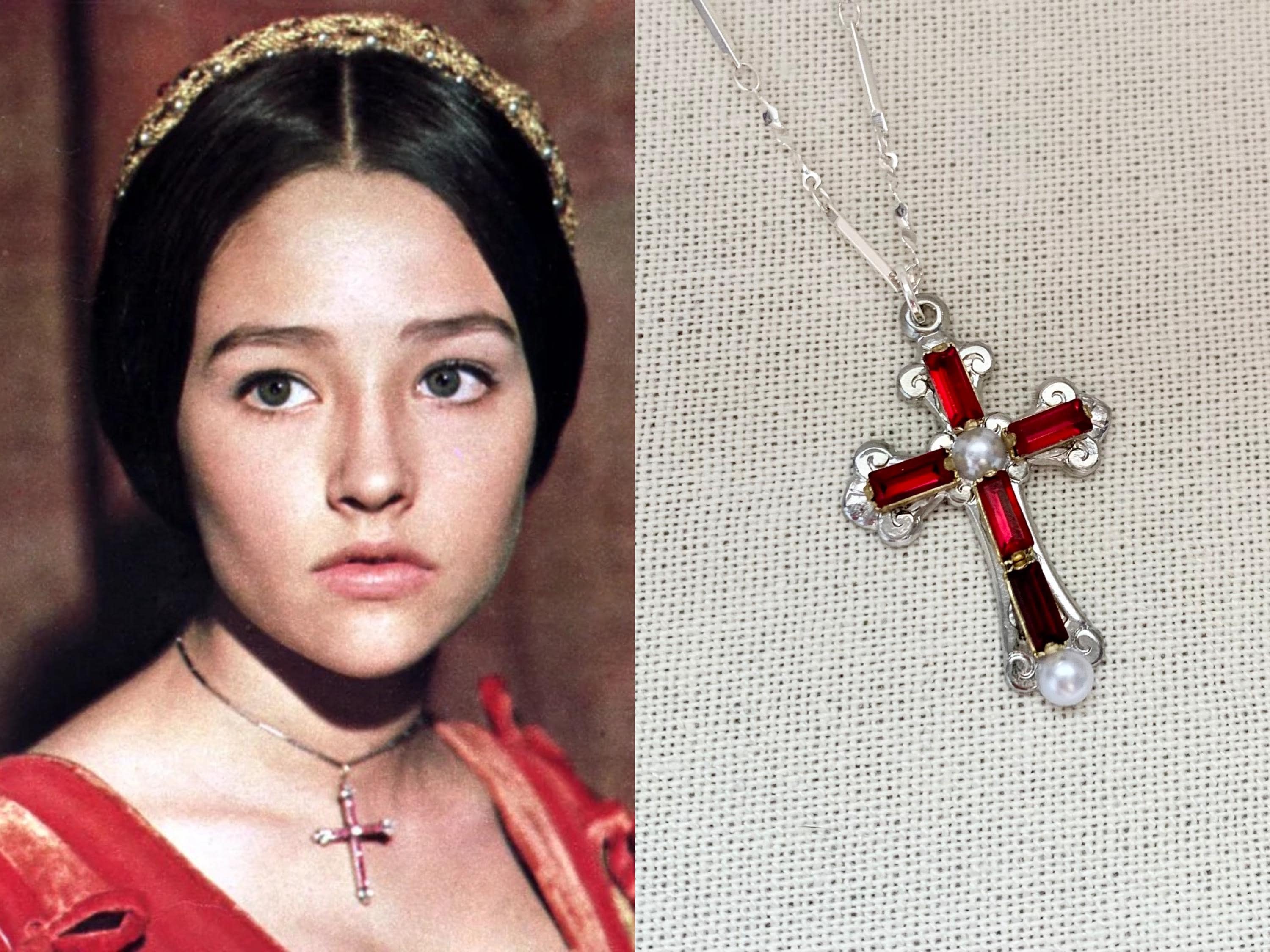 Romeo and Juliet Ruby White Pearl Silver Cross Silver Bar Chain - Etsy